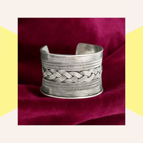 Wide woven braid hill tribe bracelet, Metal armlet ethnic tribal jewelry, Boho silver, open bangle cuff for costume, festival lover