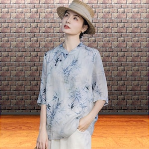 Blue bamboo print ramie tunic top, Boho Chinese style shirt, Mandarin collar, Asian traditional loose fit blouse for women, summer style