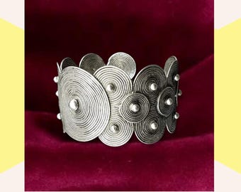 Boho Tribal Swirl Bracelet, Antique Silver Spiral Cuff, Wide Statement Ethnic Bangle for Women