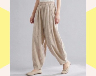Linen Lantern Pants, Women Wide Leg Trousers, Loose Cotton Harem Slacks, Summer Boho Clothing