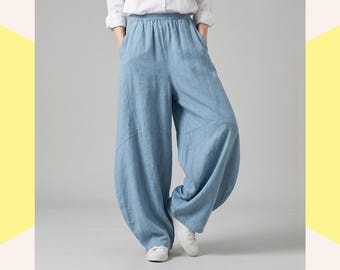 Linen Wide Leg Harem Pants, Cotton Ramie Balloon Trousers, Women's Boho Festival Lounge Wear
