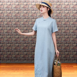 Blue flowy summer dress with embroidery, mandarin style, side pockets, Traditional inspired casual cheongsam, modern loose qi pao for women