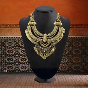 Vintage gold coin necklace for women, Matte, Tribal statement, Ethnic filigree design, Boho festival costume neckpiece, Bold accessory