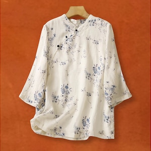 Women&#39;s blue floral blouse, Casual vintage, Zen style, Asian inspired, relaxed fit mandarin collar top, Loose qipao shirt for summer, M-2XL