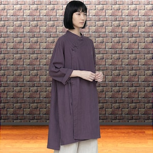 Eggplant Purple Linen Tunic Shirt, Chinese Frog Button Long Sleeve Casual Boho Top