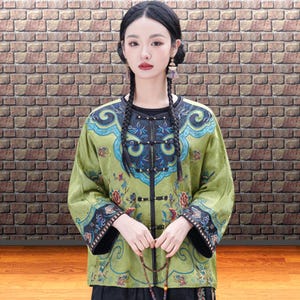 Lime green Chinese blouse, Embroidered floral top, Round neck, Asian inspired traditional jacket, Cheongsam style, Women&#39;s cultural fashion