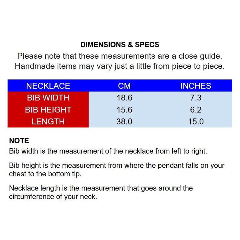 Measurements for a necklace in centimeters and inches.