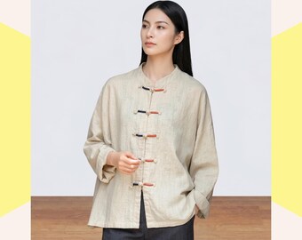 Linen Cheongsam Shirt, Modern Oriental Inspired Jacket, Chinese Pankou Knot Beige Blouse for Women