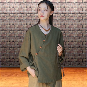 Olive green zen style Chinese blouse, Oriental asymmetrical shirt, Side tie, Asian inspired, Loose fit long sleeve top for women, Size M-2XL