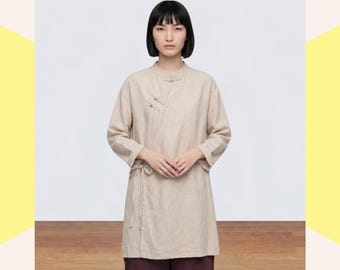 Natural Linen Tunic Blouse, Breathable Mandarin Collar Drop-Shoulder Long Casual Cotton Shirt for Women