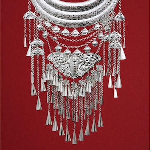 Hmong silver butterfly necklace: Engraved boho bib collar, Bells & Chimes, Ethnic tribal