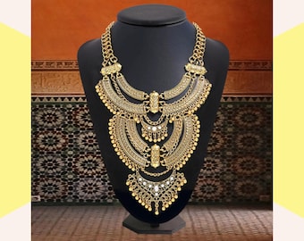 Antique Gold Bib Necklace, Boho Statement Women Jewelry, Accessories for Bohemian & Music Festival Wear