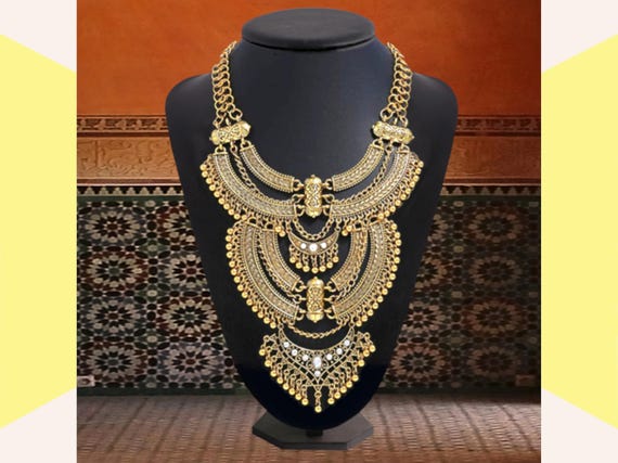Gold filigree bib necklace: Vintage boho, Ethnic tribal statement, Women's multi-layer collar for festival