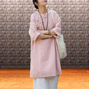 Pink tunic blouse for women, Chinese frog button, Asian inspired, 3/4 sleeve mandarin collar top, Organic cotton relaxed fit clothing