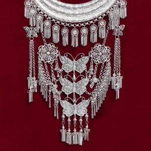Miao silver cascade filigree necklace, Tribal inspired, Chinese ethnic, Hill tribe collar, Hmong costume statement jewelry for festival wear