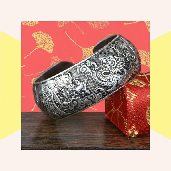 Bohemian ethnic wide cuff bracelet for women, East Asian phoenix dragon bangle, Silver boho oriental arm ornament jewelry, Double happiness