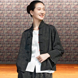 Linen Floral Jacquard Jacket, Zen Style Mandarin Collar Coat, Black Frog Button Autumn Outerwear