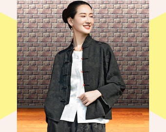 Linen Floral Jacquard Jacket, Tang Style Mandarin Collar Black Chinese Knot Outerwear for Women