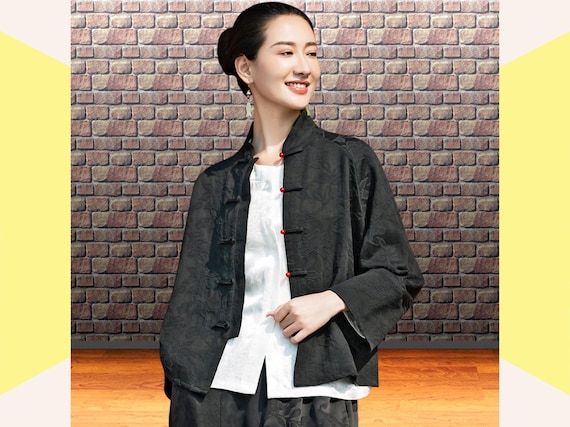 Linen Floral Jacquard Jacket, Zen Style Mandarin Collar Coat, Black Frog Button Autumn Outerwear