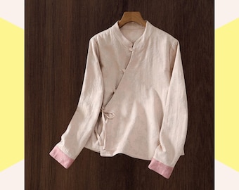Blush pink wrap blouse, Floral mandarin collar cotton linen top, Brocade, M-2XL