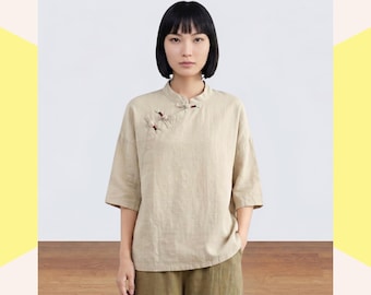 Beige Chinese Blouse, Mandarin Collar Summer Casual Qipao Top, Asian Style Hanfu Inspired Shirt