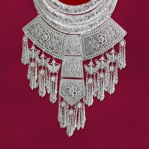 Big ethnic bohemian statement necklace, Hmong inspired, Multi ring collar, Filigree & tassel neck piece for festivals, traditional outfits