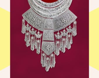 Silver Statement Collar Necklace, Tiered Floral Bib Torque Choker,  Butterfly Hmong Jewelry for Women