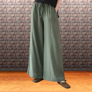 Olive green flare yoga pants: Flax linen, vintage inspired drawstring trousers, S-L