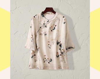 Floral Linen Chinese Blouse, Asian Inspired Lightweight Summer Shirt, Mandarin Collar Women Qipao Top