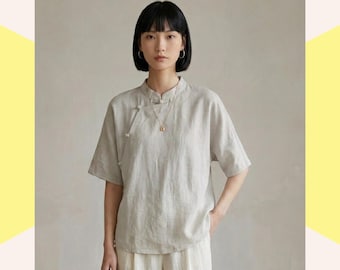 Women Mandarin Collar Blouse, Asymmetrical Chinese Frog Knot Button Off-White Cotton Shirt for Minimalist