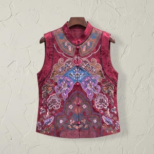 Maroon Brocade Oriental Vest, Traditional Tang Style Sleeveless Jacket, Hmong Miao Embroidered Women Waistcoat