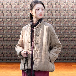 Chinese padded jacket, Frog button, Mao collar, Asian inspired, Light brown long sleeve top, Tang style modern wear for women, winter