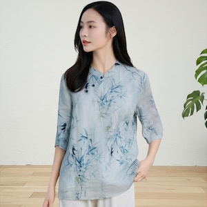 Blue Bamboo Print Ramie Linen Blouse, Chinese Style Mandarin Collar Summer Top for Women