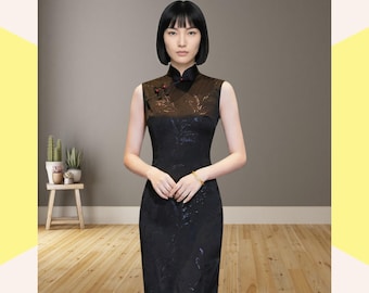 Black Sleeveless Cheongsam Qipao, Floral Brocade Tea Length Dress, Elegant Asian Women Formal Wear