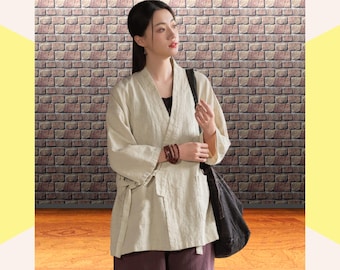 Linen kimono cardigan, Japanese style hanfu jacket, Zen tea ceremony robe, Minimalist boho top