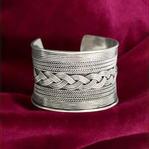 Wide woven braid hill tribe bracelet, Metal silver armlet, Open bangle, Wrist cuff, Ethnic tribal jewelry for costume,