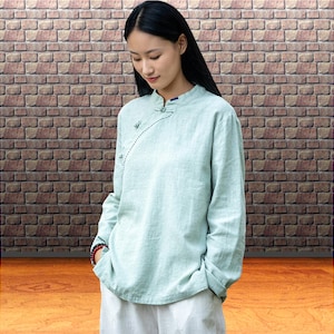 Cotton mandarin collar blouse: Chinese inspired, Sage green zen style top (M-4XL)