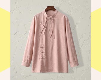 Pink Cotton Tunic Blouse, Mandarin Collar Asymmetrical Front Vintage-Inspired Dusty Rose Zen-Style Hanfu Shirt