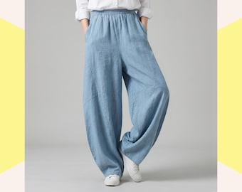 Linen Wide Leg Harem Pants, Cotton Ramie Balloon Trousers, Women's Casual Summer Travel Wear