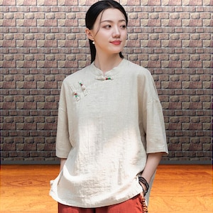 Beige cotton Chinese blouse, Casual mandarin collar top, Asymmetrical, Asian inspired, relaxed fit zen style shirt for women, summer, M-2XL