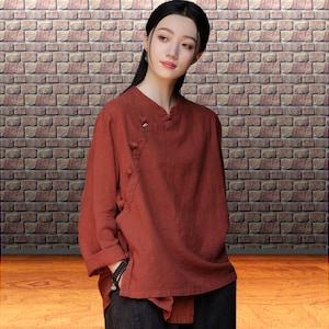 Vintage linen mandarin collar blouse top, Loose Chinese traditional modern hanfu, Women&#39;s shirt for fall style, tai chi, qi gong, One Size