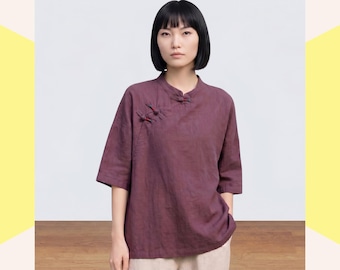 Mauve Linen Blouse, Chinese Collar Cotton Shirt, Loose Fit Asian Summer Top for Women
