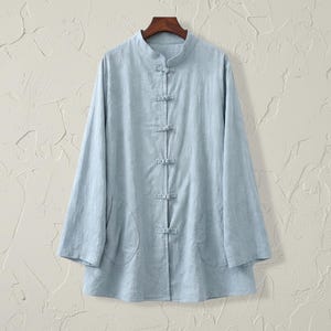 Light Blue Cotton Blouse Top: Women's Mandarin Collar Long Sleeve Tunic, Taichi Linen Shirt