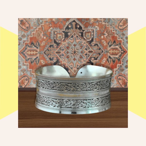 Bohemian silver wide filigree bracelet, Ethnic tribal, Tibetan wrist cuff open bangle for women, arm, Boho metal armlet