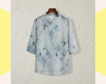 Blue Bamboo Ramie Blouse, Chinese Style Linen Shirt, Mandarin Collar Summer Top for Women