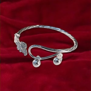 999 silver cuff bracelet, Miao Hmong tribal, Twisted floral bangle, Ball terminal stacking jewelry