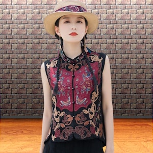 Vintage embroidered sleeveless blouse, Mandarin collar, Floral baroque, Chinese traditional top, Southeast Asian clothes for women, casual