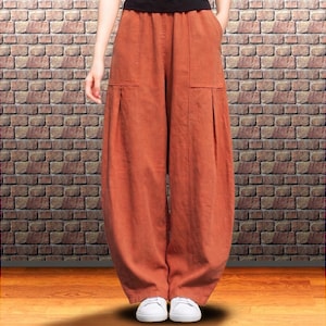 Rust Red Wide-Leg Pants, Boho Baggy Trousers, Cotton Linen Earthy Burnt Orange Relaxed Fit