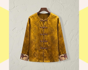 Chinese Tang Jacket, Yellow Floral Jacquard Lightweight Top, Canton Xiangyunsha Silk Wear for Women