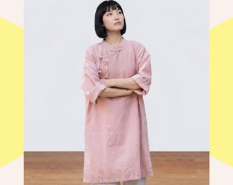 Pink Linen Tunic Blouse, Chinese Frog Button Hanfu Style Oversized Boho Long Top Shirt